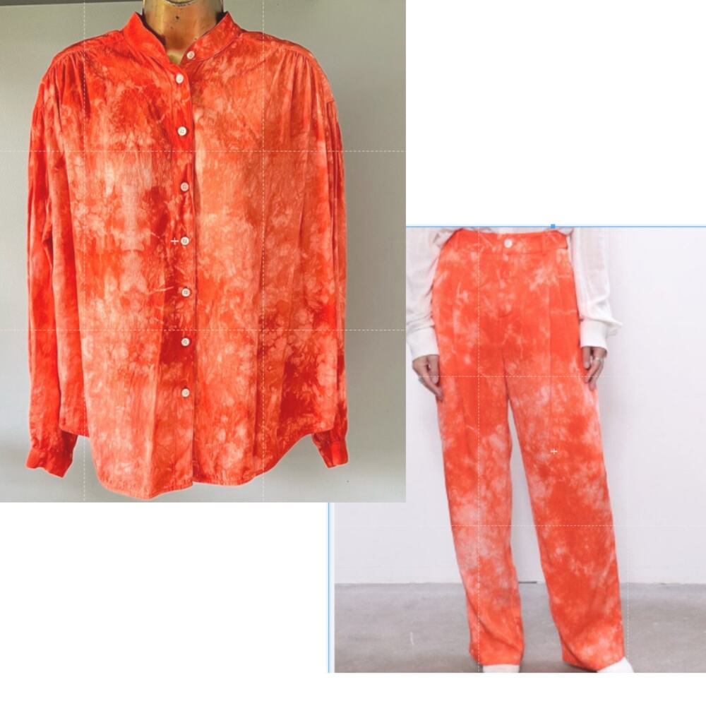 Raquel Allegra set, tie dyed matching pants shirt set,  ripple satin USA